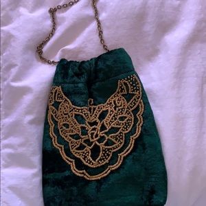 Velvet green and gold tie bag